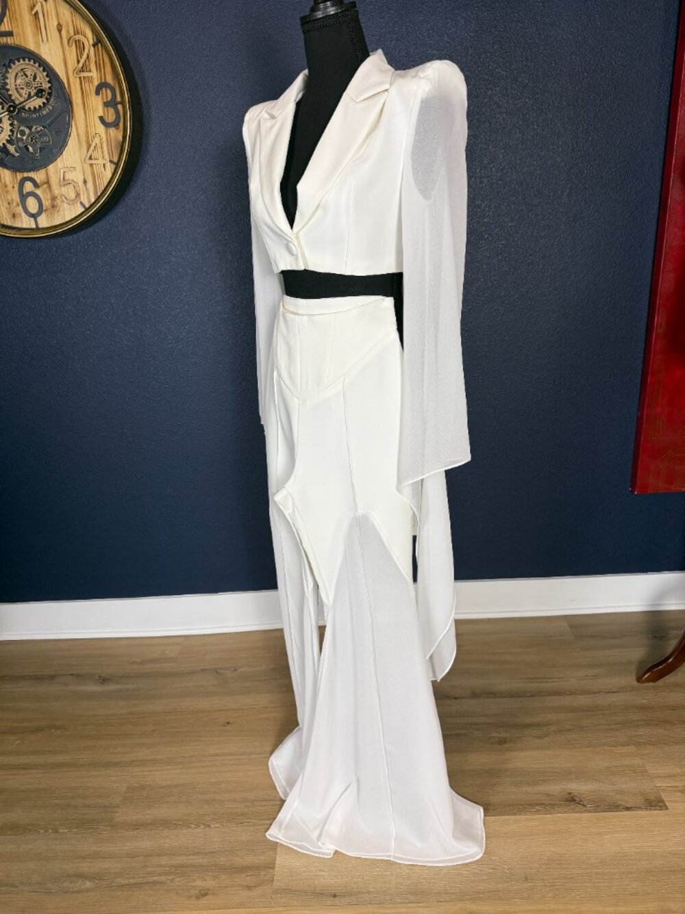 White Ivory Crop Blazer Sheer Chiffon Mermaid Pants Two Piece Set | M - Picture 8 of 9